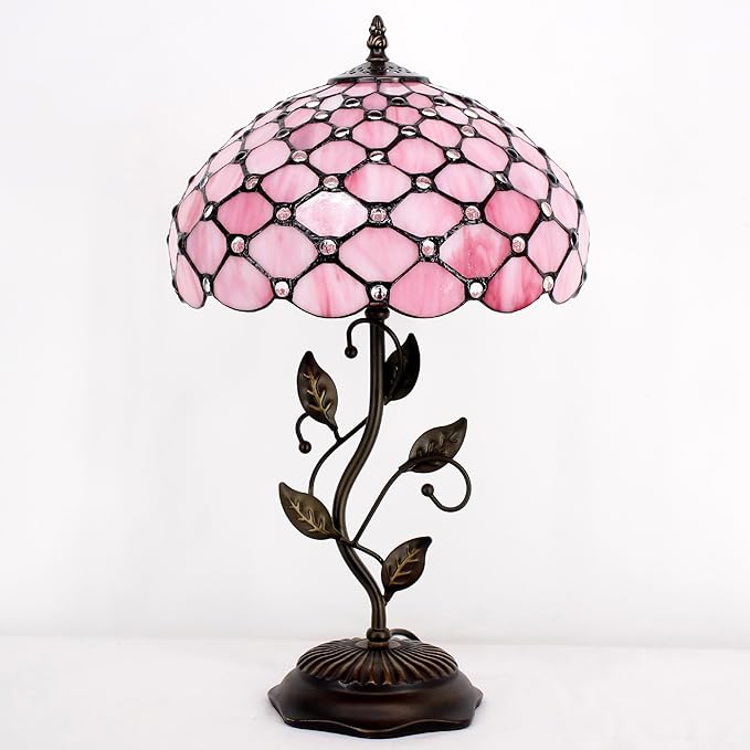 Tiffany Lamp Table Lamp Stained Glass Desk Lamps 12X12X19 Inches Reading Light Decor Bedroom Living Room (Pink Bead Style) - Bloomnest