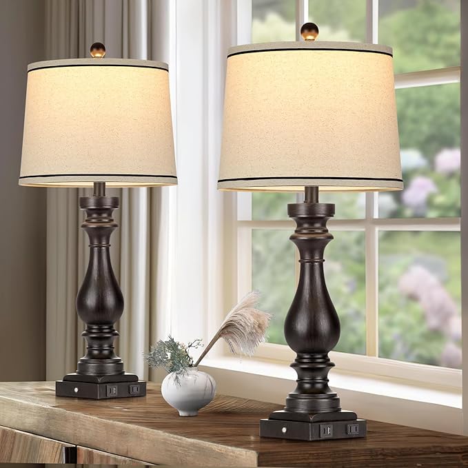 29" Tall Table Lamp for Living Room Set of 2,Farmhouse Vintage Bedside Nightstand Lamps with USB C+A Ports & AC Outlet,3-Way Dimmable Touch Control Retro Black Lamp for Bedroom,Color 5 - Bloomnest