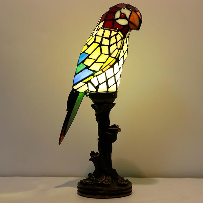 Small Tiffany Lamp Parrot Table Lamp Stained Glass Accent Lamp 15.3 Inch Tall Mini Desk Bedside Night Light for Kids Bedroom (White) - Bloomnest