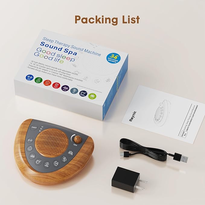 Raynic Noise Machine, Battery Powered Sound Machine, Portable Sleep Machine with 36 Natural Soothing Sounds, Timer, USB Port, Headphone Jack for Baby, Kids, Adults, Travel, Office (Yellow Wood Grain) - Bloomnest