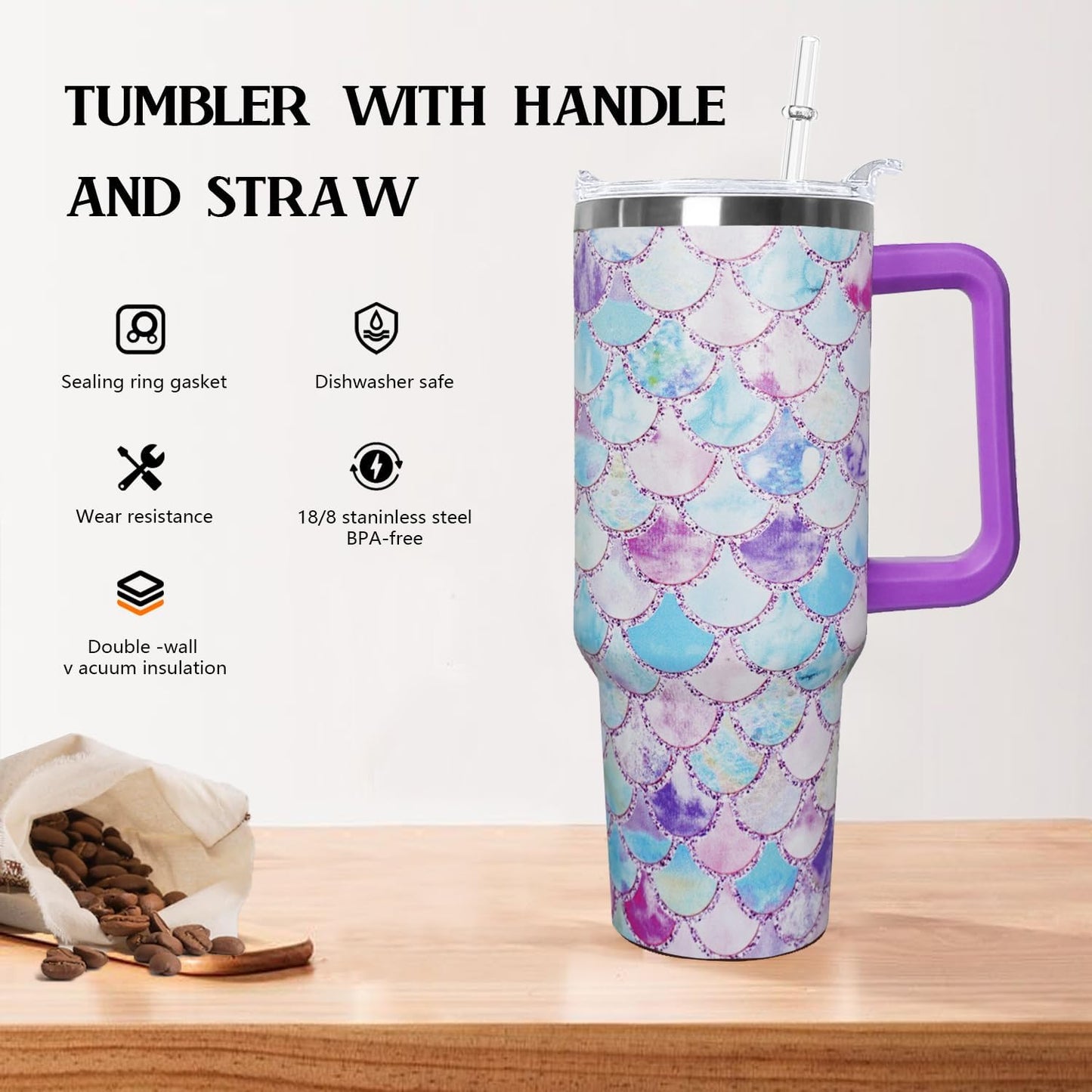 Ceovfoi 40 Oz Double Wall Vacuum Stainless Steel Tumbler with Handle Lid and Straw, Ocean Mermaid Watercolor Cup, Travel Coffee Mug, Hawaiian Decor, Accessories