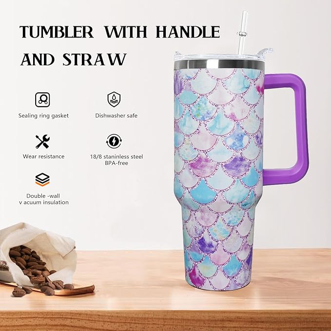 Ceovfoi 40 Oz Double Wall Vacuum Stainless Steel Tumbler with Handle Lid and Straw, Ocean Mermaid Watercolor Cup, Travel Coffee Mug, Hawaiian Decor, Accessories - Bloomnest
