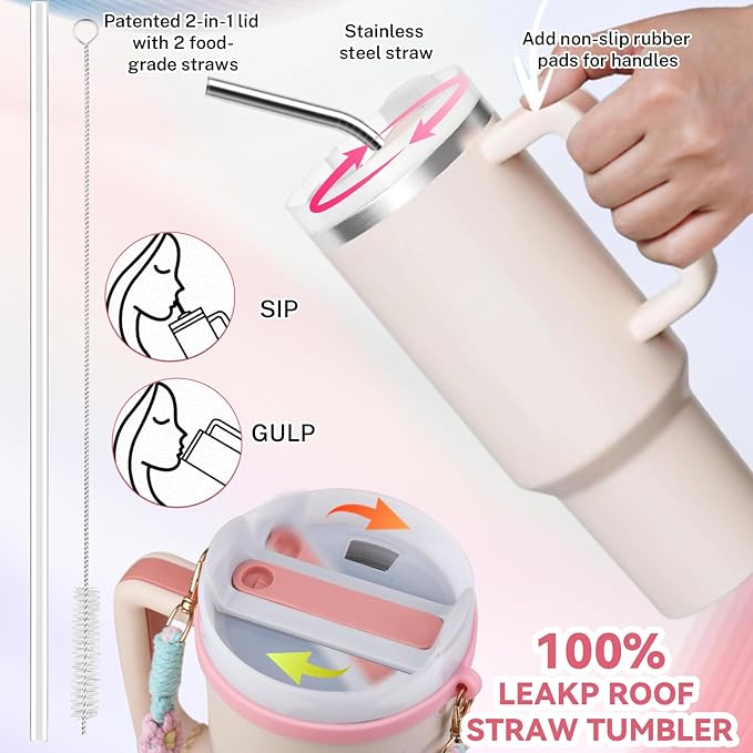 40 oz Tumbler Insulated Mug w/Straw & Flip Cap Lids - Cup Holder Bottle with 6 Accessories Set for Hot, Cold Drink - Leak-Proof - Water, Coffee Portable Travel Mug (Pink Gold) - Bloomnest
