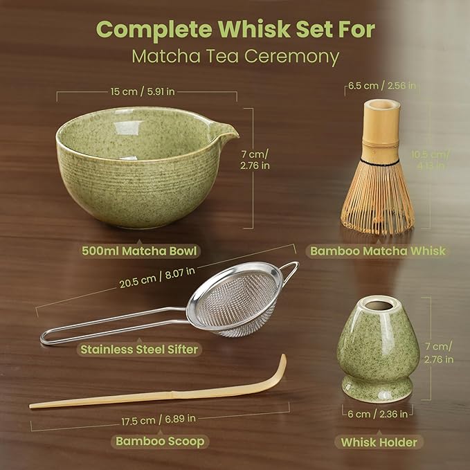 Matcha Whisk Set, Handcrafted Bamboo Chasen & Ceramic Bowl Matcha Kit, Complete 5 Pcs Matcha Set Whisk and Bowl W/Stainless Steel Sifter, Bamboo Scoop & Holder for Matcha Tea Ceremony (Mottled Green) - Bloomnest