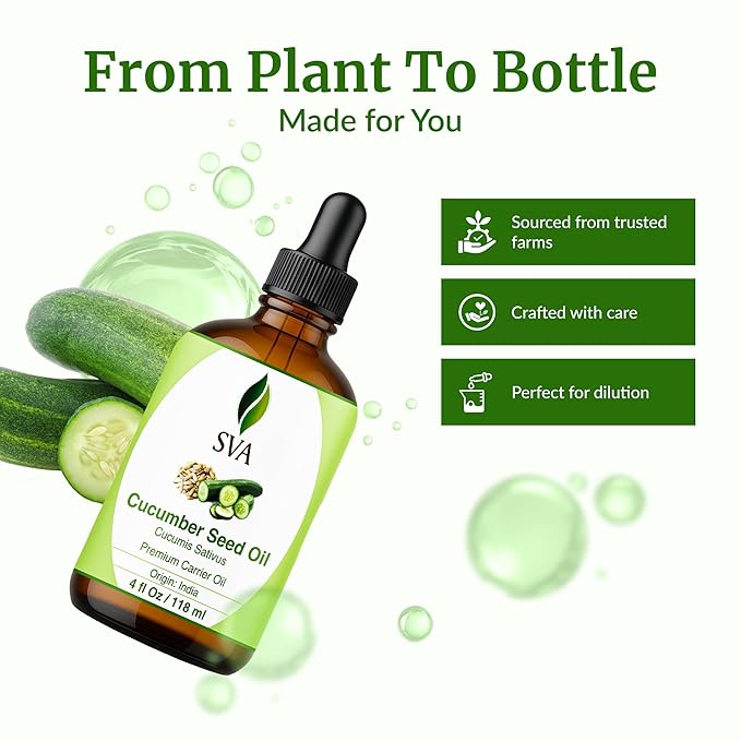SVA Cucumber Seed Oil - 4 Fl Oz – 100% Natural Cold Pressed Cucumber Oil - for Face, Skin Care, Hair Care, Scalp Massage & Body Massage – Carrier Oil with Dropper - Bloomnest