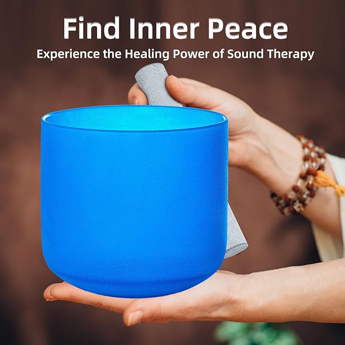 8 Inch Blue G Note 432hz Throat Chakra Crystal Singing Bowl Healing with Carrying Case and Rubber Mallet Suede Strikers Oring - Bloomnest