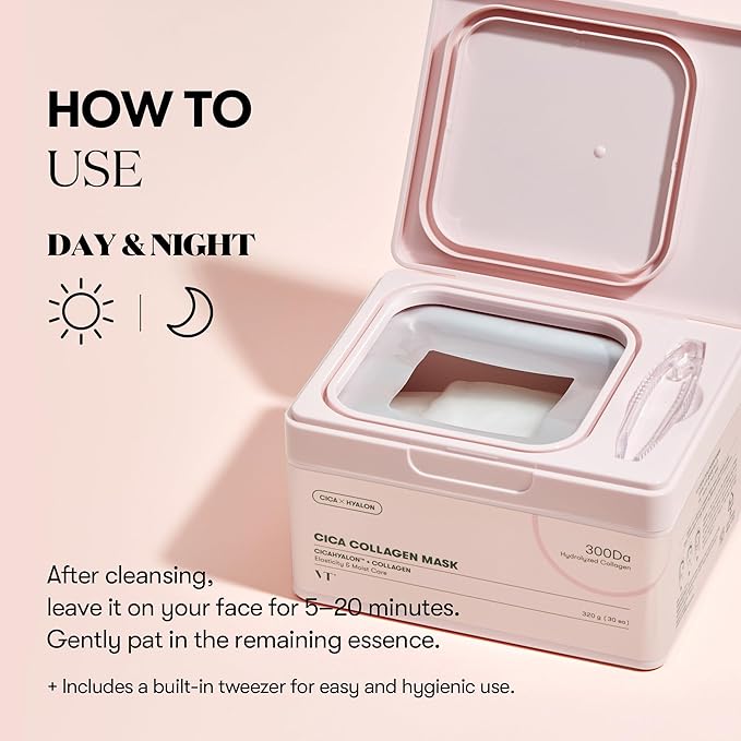 VT COSMETICS CICA Collagen Daily Mask 30 Sheets, 300Da Low Molecular Collagen for Skin Elasticity, Hydrating & Firming, Pink Collagen Essence, Korean Face Mask - Bloomnest