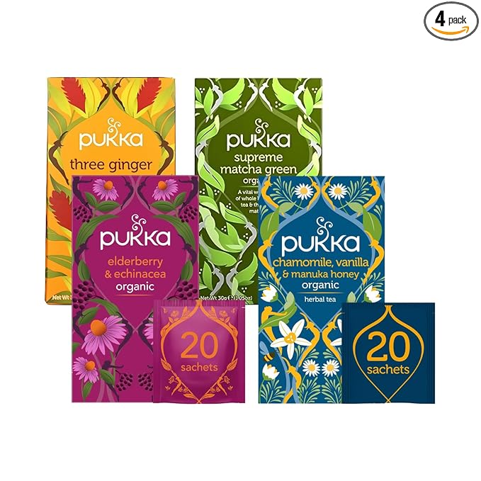 Pukka Tea Bags, Organic (Elderberry + Echinacea, Matcha Green,Chamomile Vanilla & Manuka Honey, & Three Ginger) (1ea) (Variety Pack) - Bloomnest