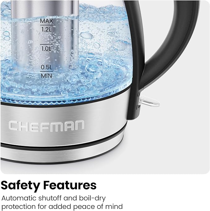 CHEFMAN Electric Kettle - 1.2L 1500W Hot Water Tea Pot with Infuser, BPA Free, Auto Shut Off, Boil-Dry Protection, Removable Lid, LED Light, Cordless Glass Electric Tea Kettle – Stainless Steel - Bloomnest