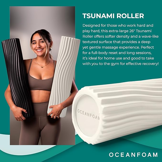 Oceanfoam Tsunami Roller (Natural) - Extra-Large, 26" x 5.9" - Soft, Textured Foam Roller for Physical Therapy, Back Pain, Exercise & Stretching - Wave Textured - Yoga, Athletics, & Wellness - Bloomnest