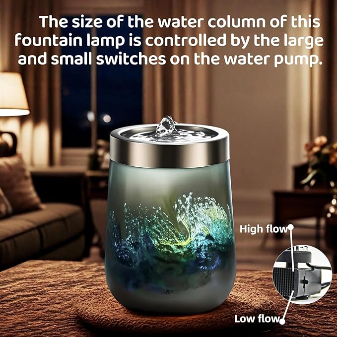VOREEN Handblown Glass Tabletop Fountain – Grey Art Glass Indoor Fountain with Cool White Ambient Glow – Optional Aromatherapy for Home, Spa, Office Décor - Bloomnest