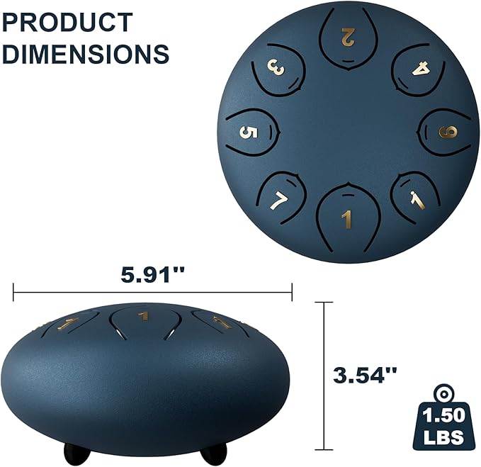 Steel Tongue Drum 6 Inch 8 Notes, Rain Drums for Outside C major, Hang Instrument, Handpan for Kids, Ethereal Hand Pan for Meditation Yoga Musical Education, Navy Blue - Bloomnest