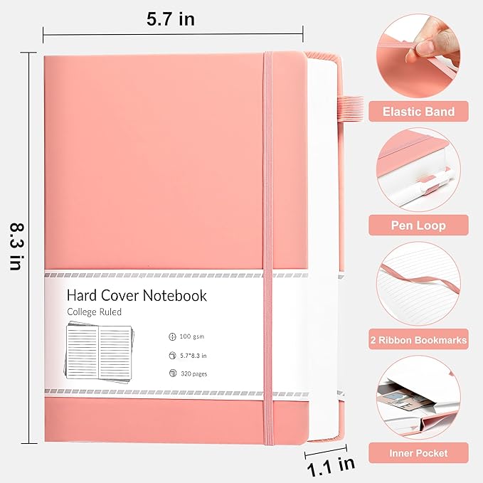 CAGIE Pink Journal Notebook for Women, 320 Pages College Ruled Notebook, 100 Gsm Paper Thick Lined Journal, A5 Hardcover Leather Journals for Writing, 5.7x8.3 In - Bloomnest
