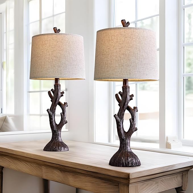 OYEARS 25" Farmhouse Table Lamp Set of 2 for Living Room Bedroom Resin Bedside Tree Lamp Nightstand End Table Lamps Vintage Natural Style - Bloomnest