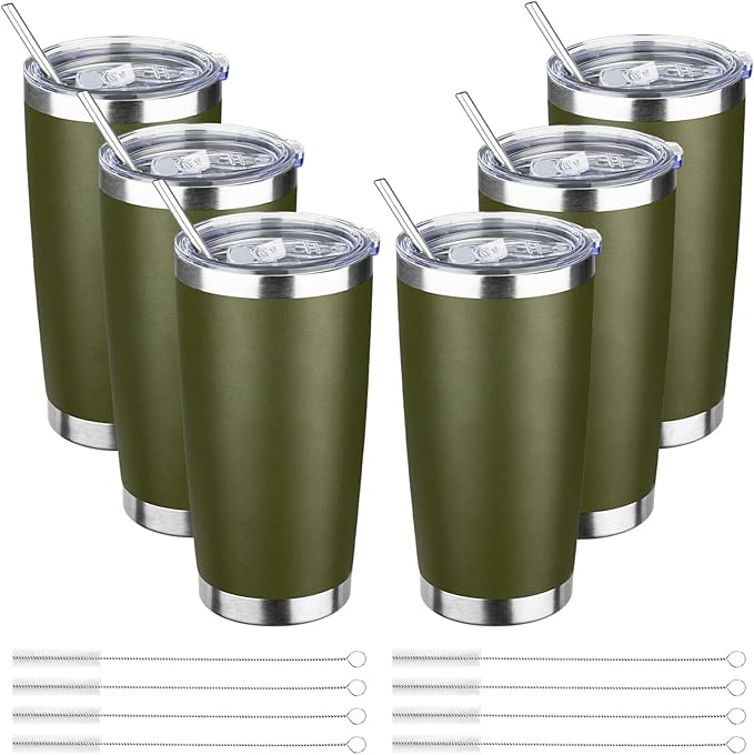 20oz Tumbler Bulk with Lid and Straw, Stainless Steel Double Wall Vacuum Insulated Travel Mug, Powder Coated Coffee Cups for Hot and Cold Drinks,Funny Gifts for Women Men(Navy Green,6) - Bloomnest