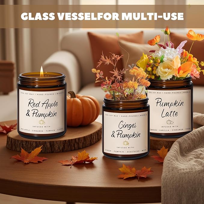 Auelife Fall Scented Candles - Pumpkin Candle Set of 6 | Ginger, Apple, Cake, Caramel, Latte & Spiced Pumpkin Soy Candles | Autumn Candle for Home Décor & Gifts for Women, Cozy Fall Aromatherapy - Bloomnest