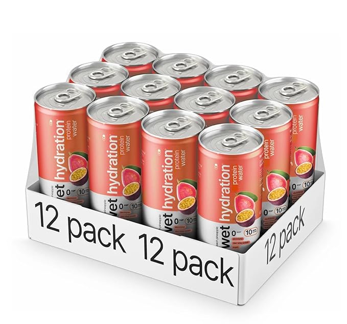 Wet Hydration | Functional Wellness Water, Non-Carbonated - Passion Guava (12 fl. oz. / 355ml Cans, Pack of 12) - Zero Calorie Hydration Drink with Electrolytes, Clear Whey Protein, BCAAs, Protein Water, No Sugar, No Artificial Ingredients - Bloomnest