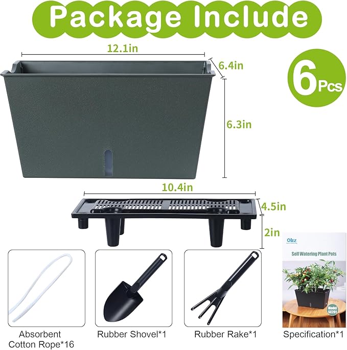 Window Box Planter 6 Pcs, 12.6 Inches Self Watering Rectangle Flower Plant Pots with Drainage Holes & Breathable Trays, Vegetable Planters for Windowsill Patio Garden Balcony Porch Yard (Dark Green) - Bloomnest