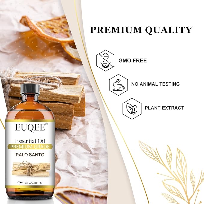EUQEE Palo Santo Essential Oil 118mL Pure Palo Santo Oil Premium Essential Oil with Glass Dropper for Diffuser, Soap Candle Making - 4Fl. Oz - Bloomnest