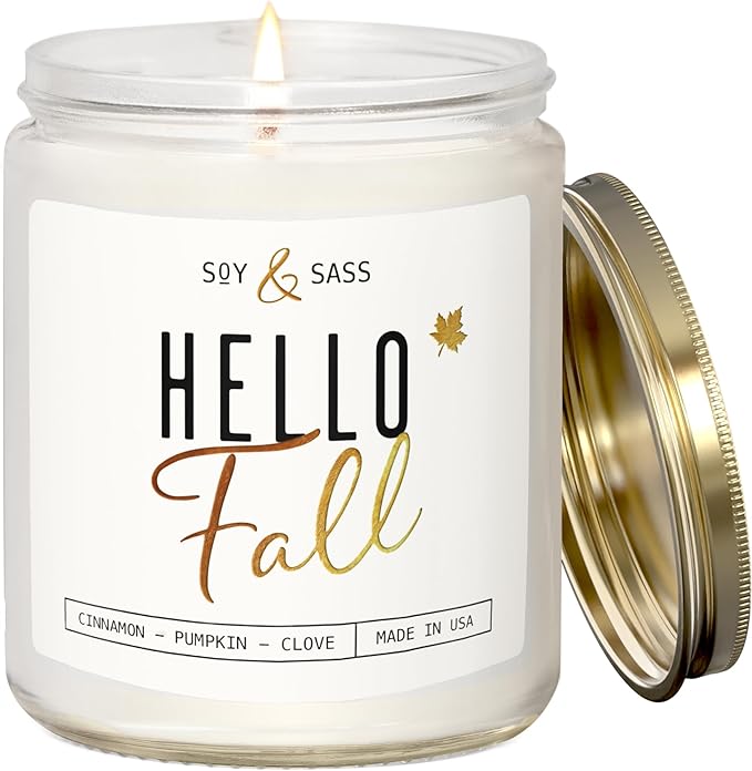 Fall Candles - 'Hello Fall Scented Candle' w/Cinnamon, Pumpkin & Fir I Infused with Essential Oils Autumn Scented Soy Candles for Home Décor, 9oz Reusable Jar, 50Hr Burn, Made in USA - Bloomnest