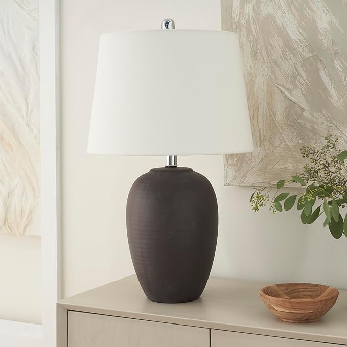 Nourison Home 23" Dark Purple Distressed Ceramic Pot Table Lamp for Bedroom, Living Room, Dining, Office, with White Shade - Bloomnest