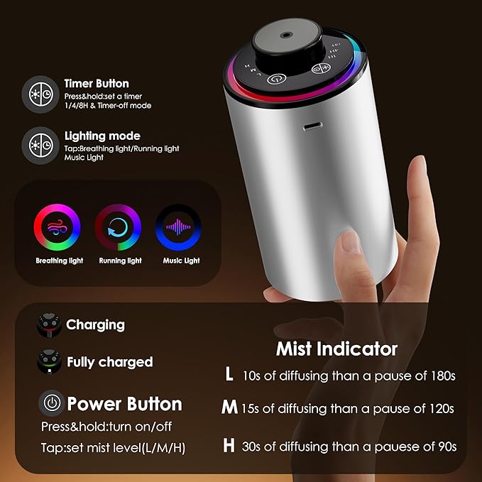 Waterless Essential Oil Diffuser, Portable Aromatherapy Diffuser,3 Countdown Timers & 3 Mist Levels for Home, Room, Car, Office - Bloomnest