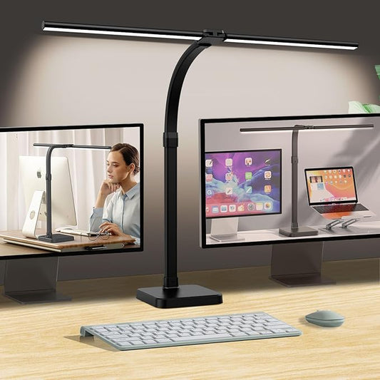 LED Desk Lamp for Home Office, Double Head 24W with Base, Architect Light 5 Lighting Brightness Flexible Gooseneck Table Reading Study, Black - Bloomnest