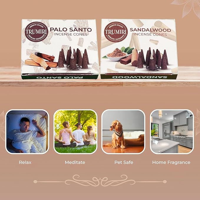 TRUMIRI Incense Cones - Combo Pack of 20 Cone Incense - 10 Palo Santo + 10 Sandalwood - Insence Cones - Incense Cones Scented - Cone Incense Scents - Insense Cones - Incent Cone TRUMIRI