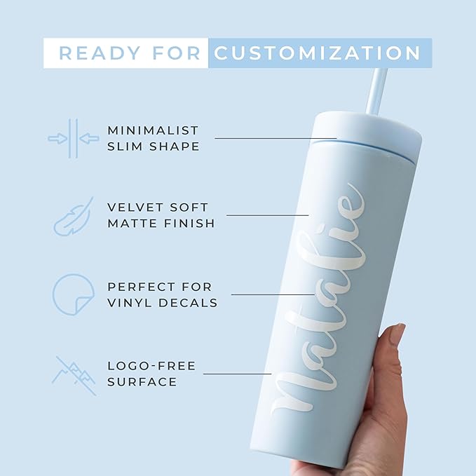STRATA CUPS Perwinkle Skinny Tumblers with Lids and Straws (4 pack), 16oz Matte Pastel Colored Acrylic Tumblers with Lids and Straws, Double Wall Skinny Tumbler Bulk, Reusable Cup with Straw Cleaner - Bloomnest