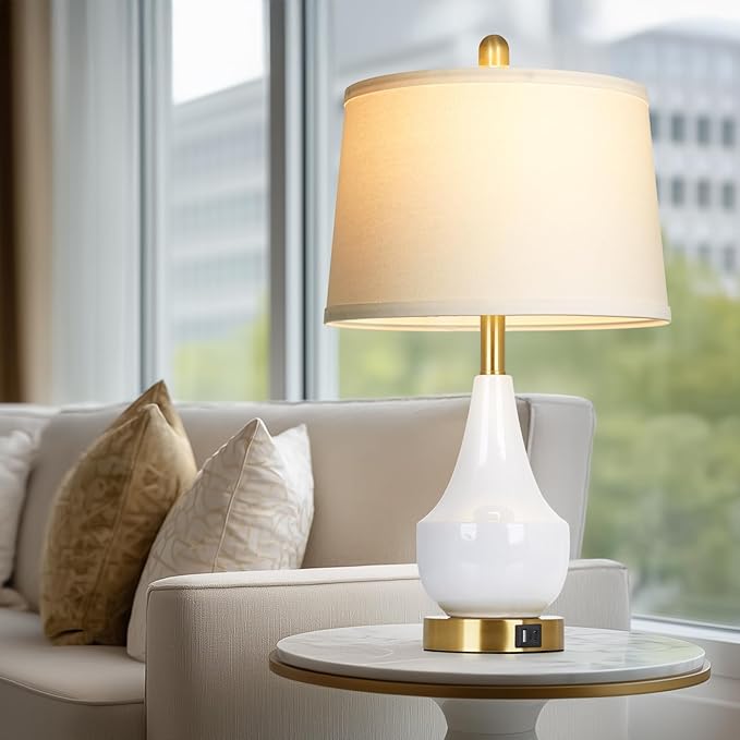 Modern White Table Lamp, 24" Ceramic Table Lamp with USB A+C Ports,Classic Beside Lamps Nightstand Lamp Modern Lamp for Living Room, Bedroom & Office -LED Bulbs Included - Bloomnest