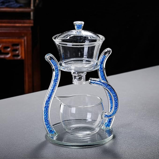 RORA Glass Teapot Set Semi Automatic Drip Rotating with Infuser Lazy Kungfu Tea pot Set (Blue) - Bloomnest