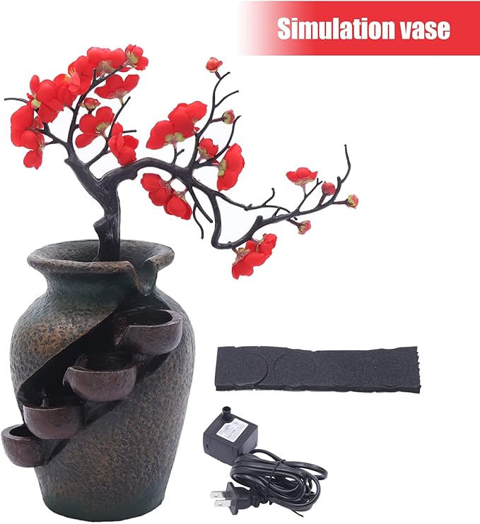 Tabletop Fountains Indoor Water Fountains Flower Vase Fountain with Water Flow & Artificial Bouquet, Mini Tabletop Waterfall Fountain, Desktop Fountain for Office (Style 12)