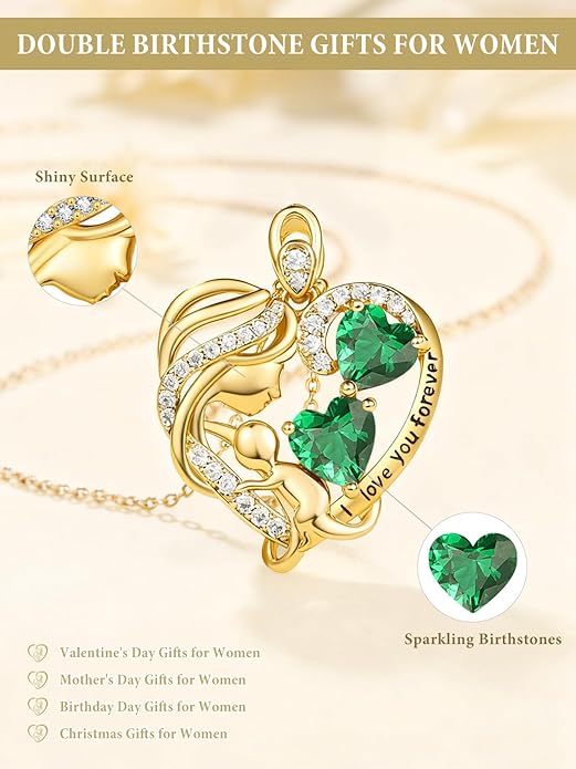 14K Gold Double Birthstone Heart Necklace for Women Mom, Mother Son/Daughter Pendant Necklace for Christmas Mother's Day Birthday Gifts for Wife Daughter Grandmom - Bloomnest