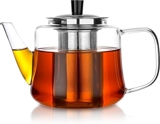 Glass teapot with infuser, Ehugos 1000ml(33oz) Stovetop Safe Hand Crafted Clear Glass Teapot with Removable Infuser for Loose Leaf Tea and Blooming Tea - Bloomnest