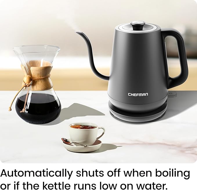 Chefman Gooseneck Electric Kettle, 0.8L Pour Over Tea Kettle for Coffee and Tea, One-Touch Operation, Boil-Dry Protection, Auto Shut-Off, Ultra-Fast Hot Water Boiler – Black - Bloomnest