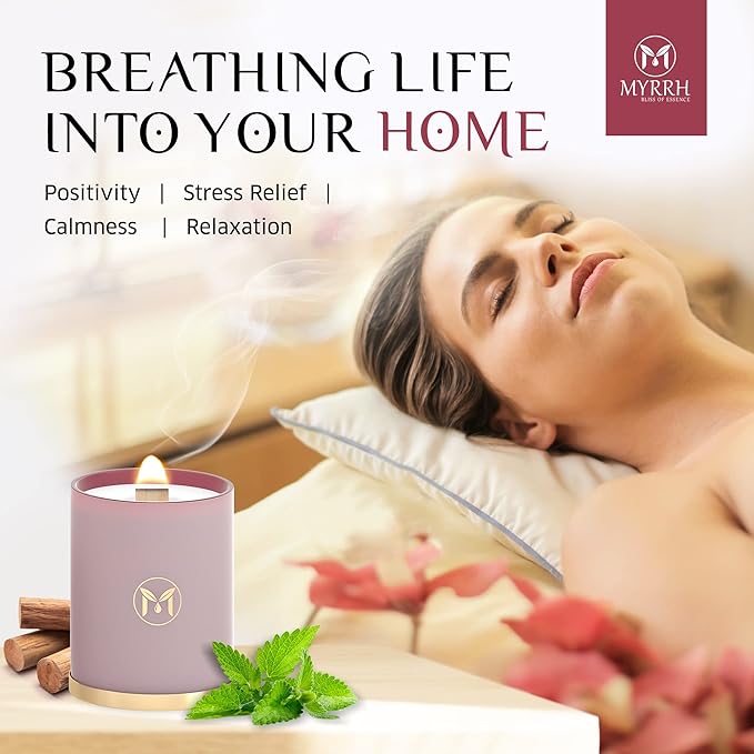 MyrrhUSA Sandalwood Patchouli Scented Candle – 15 oz Natural Soy Wax with Crackling Wooden Wick & Essential Oils, 80 Hour Burn, Luxury Aromatherapy Candle for Relaxation, Home Décor & Gift Purpose - Bloomnest