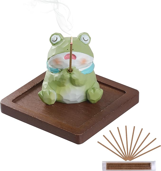 Lionpower Incense Holder for Sticks with Burner & Ash Catcher - Resin Frog, Wooden Tray, 10 Incense Sticks for Meditation Yoga Spa, Cute Home Decor Room Accessories (Frog)