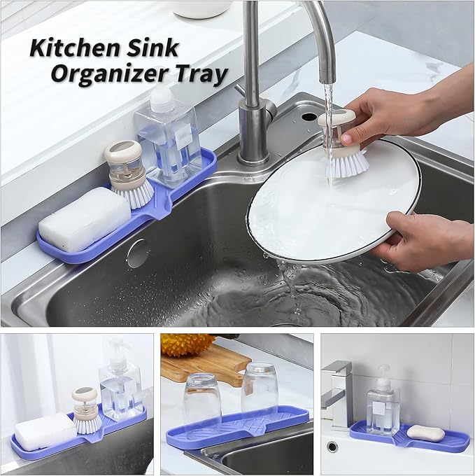 Silicone Bathroom Soap Dishes with Drain Spout-Bathroom and Kitchen Sink Organizer,Sponge Holder,Dish Soap Tray,Perfect for Dispenser,Scrubber,Bottle on Sink or Counter-Light Purple 12"×4" - Bloomnest