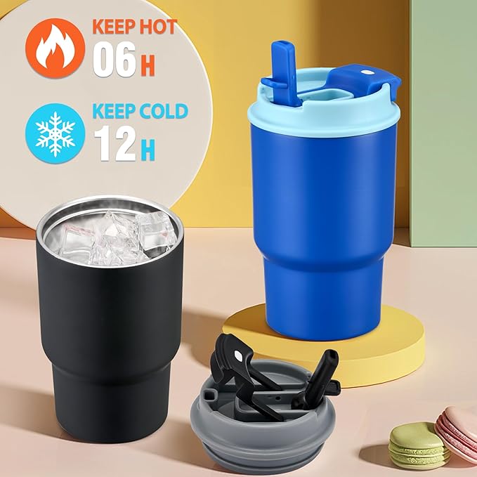 13.5oz Kids Insulated Tumbler with Lid and Straw, BPA-Free Stainless Steel Kids Water Bottle, Leak-Proof& Cupholder Friendly Tumbler for Boys & Girls -2 Pack(Blue+Black) - Bloomnest
