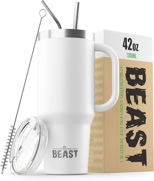 Beast 42 oz Tumbler Stainless Steel Vacuum Insulated Coffee Ice Cup Double Wall Travel Flask (Arctic White) - Bloomnest