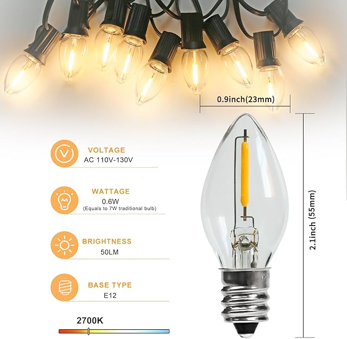 Night Light Bulb – C7 E12 Base Salt Lamp Bulbs, 0.6 Watt Equivalent 7W Incandescent Bulb, Warm White 2700K, Window Candles & Chandeliers Replacement Bulb, 25 Pack - Bloomnest
