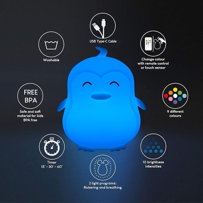 Large Penguin Night Lights for Babies Bedroom Light, lamp Kids, Toddler Nursery lamp Soft Decorative Lamps - Break Resistant, Eye Caring, Adjustable Brightness & Color, Time Setting - Large - Bloomnest
