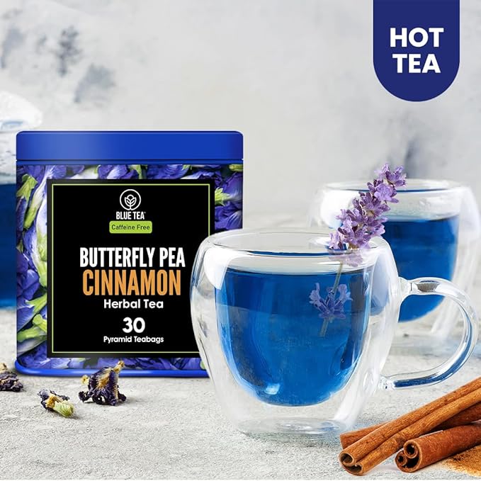 BLUE TEA - Butterfly Pea Flower Tea - Cinnamon - 30 Count - Pyramid Plant Based Tea Bag | Gokarna | ANTIOXIDANT RICH | Herbal Tea - Caffeine Free - Flower Based - Vegan - Non-Bitter | Tin Pack - Bloomnest