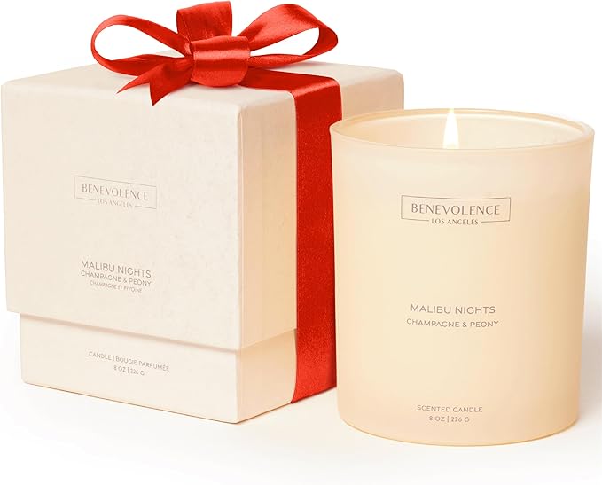 Champagne & Peony – Benevolence LA Scented Candle | 8oz, 45-Hour Burn | Natural Soy Wax, Cotton Wick | Romantic & Elegant Home Fragrance | Malibu Sands Collection – Gift for Women & Men - Bloomnest