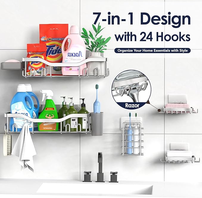 Shower Caddy Adhesive Shower Organizer 7-Pack, Rustproof Stainless Steel Bathroom Shelves, Large Capacity No-Drill Rack Storage Accessories with Soap Dish Toothbrush Holder Hooks - Bloomnest