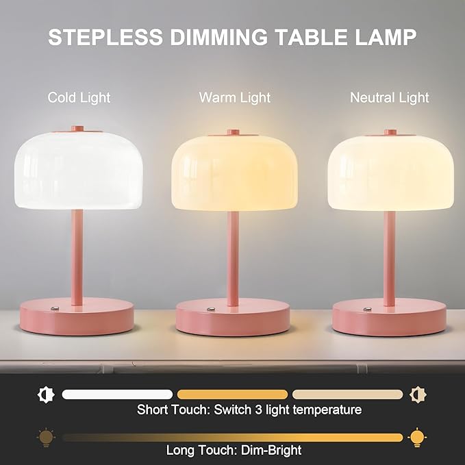 Oneach Portable Cordless Table Lamp, Rechargeable Battery Powered Lamp with Opal Glass Shade, 3-Way Dimmable LED Touch Mushroom Table Lamp for Bedroom, Bedside, Living Room, Dining Room, Patio, Pink - Bloomnest