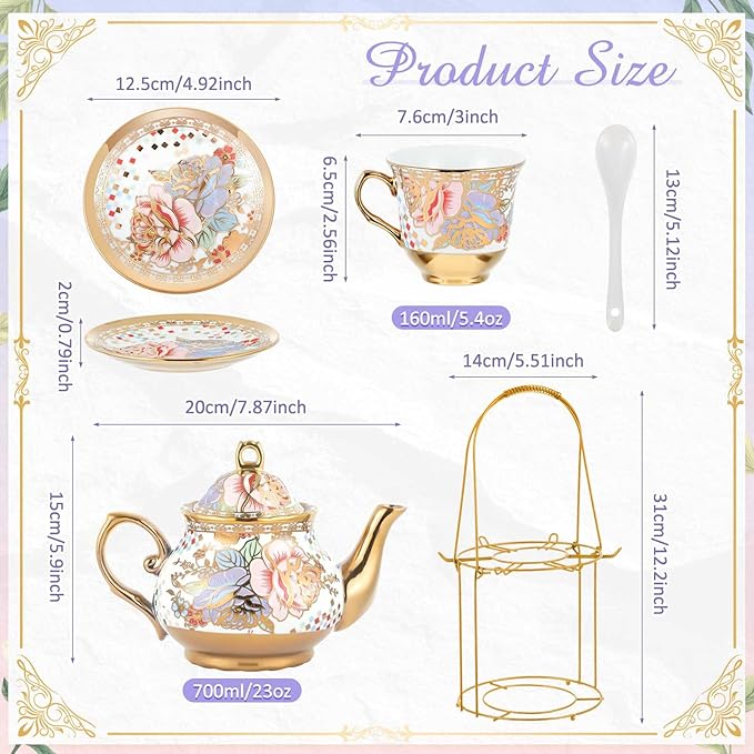 Zhehao 20 Pcs Porcelain Tea Set with Metal Holder and Spoon Adult Ceramic Tea Set European Flower Painting Teapot Cup Saucer Spoon for Women, Large Version(Rustic Style) - Bloomnest