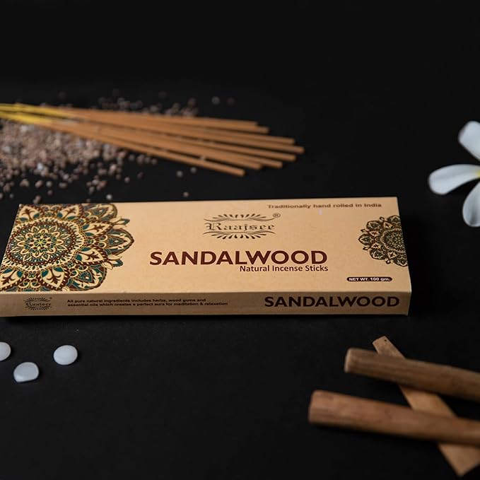 Raajsee Sandalwood Incense Sticks 100 Gm Pack-100% Pure Organic Natural Hand Rolled Free from Chemicals-for Church,Aroma Therapy,Relaxation,Meditation & Sensual Therapy RAAJSEE