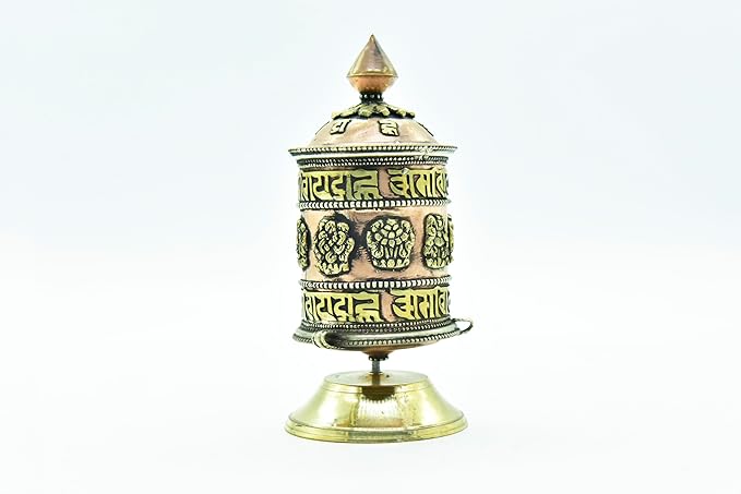 5.5 Inch Table Top Copper Brass Tibetan Buddhist 8 Lucky Symbols Prayer Wheel