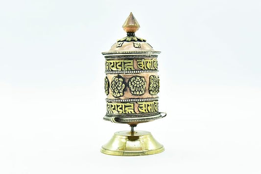 5.5 Inch Table Top Copper Brass Tibetan Buddhist 8 Lucky Symbols Prayer Wheel